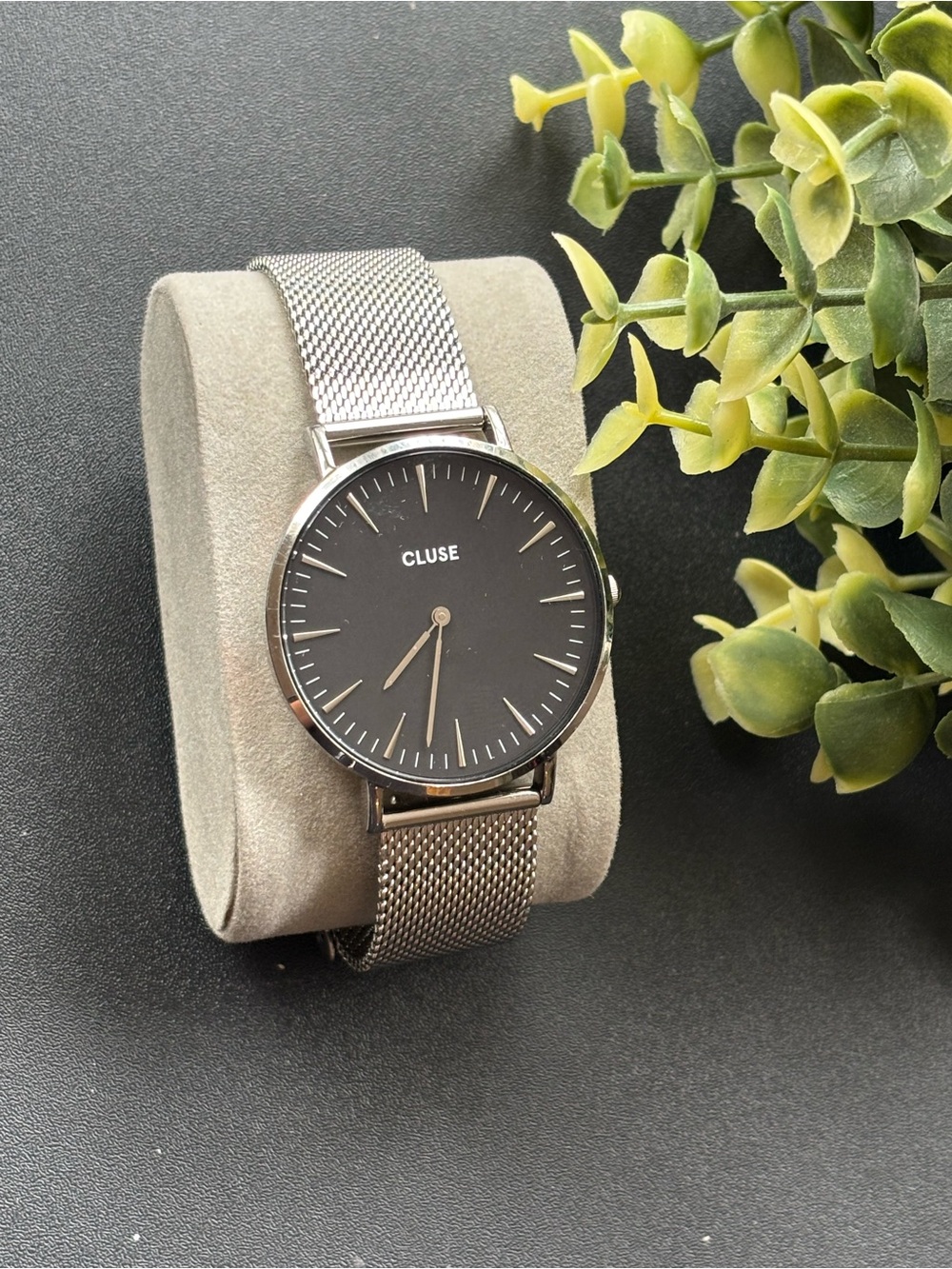 Men's Silver Mesh Bracelet Watch with Black Dial